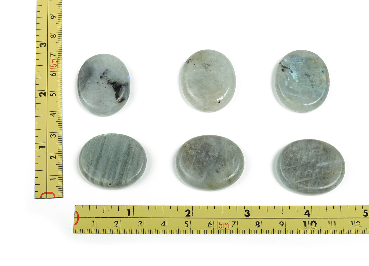 Labradorite flat gemstone slab with blue and green iridescent flashes, measuring 30x25x7 mm, from GemstoneGO.