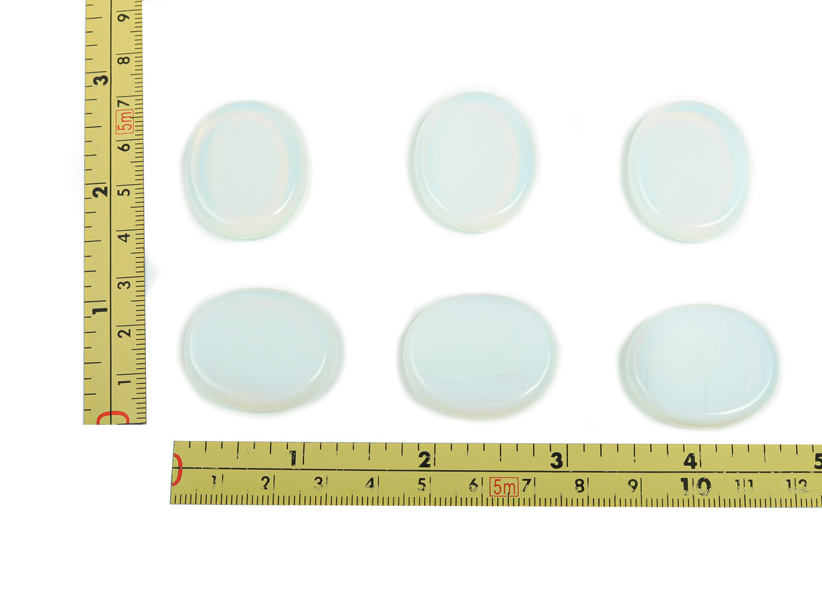 Opalite flat gemstone slab from GemstoneGO, measuring 30x25x7 mm, showcasing a smooth, polished crystal with iridescent blue and white hues.