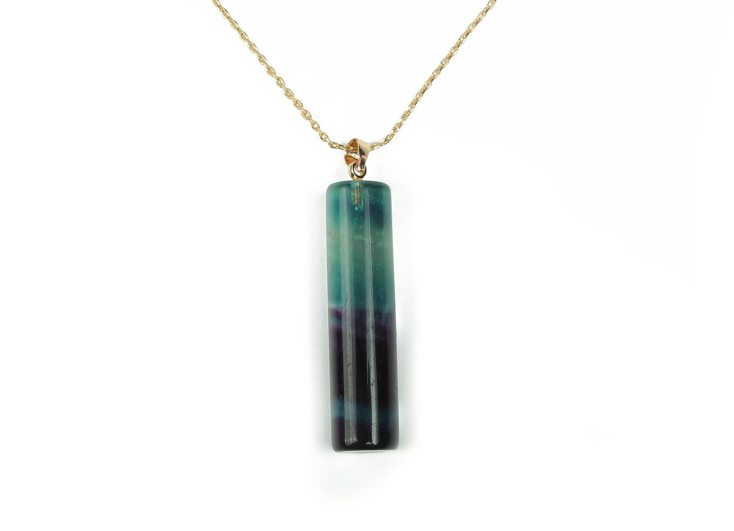Rainbow fluorite crystal pendant from GemstoneGO featuring vibrant multi-colored fluorite gemstone on a silver chain.