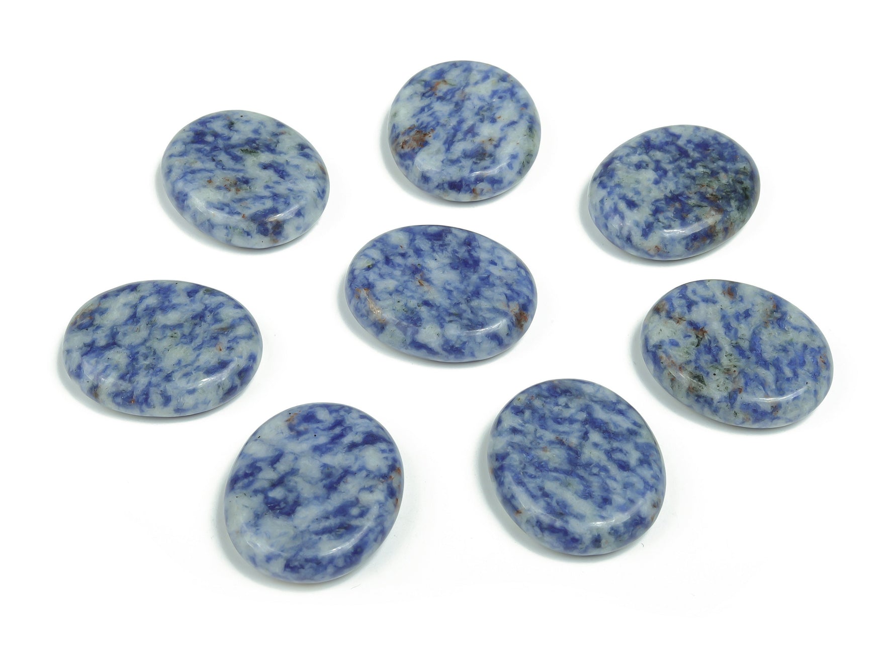 Blue spot jasper flat gemstone slab showing vibrant blue and black patterns, measuring 30x25x7 mm, from GemstoneGO.