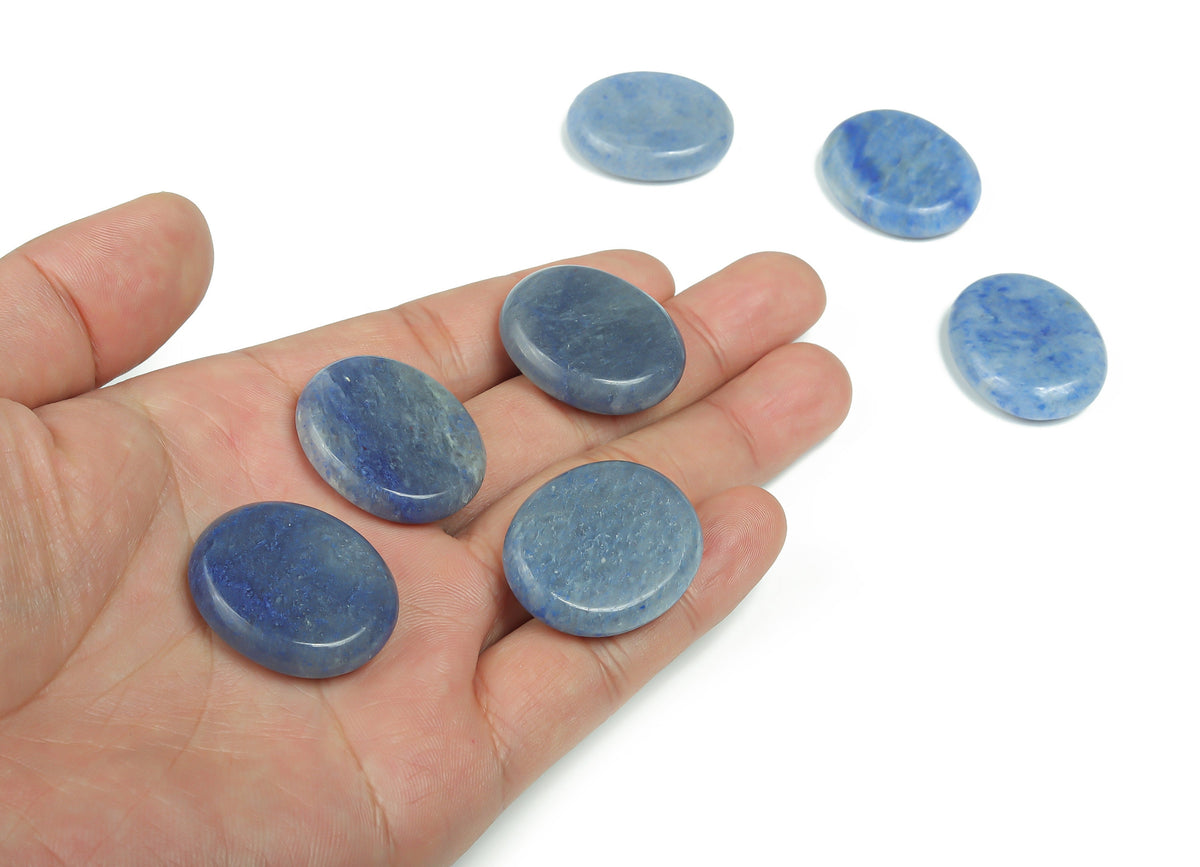 Blue aventurine flat gemstone slab, 30x25x7 mm, from GemstoneGO, showcasing a smooth polished crystal with vibrant blue color.