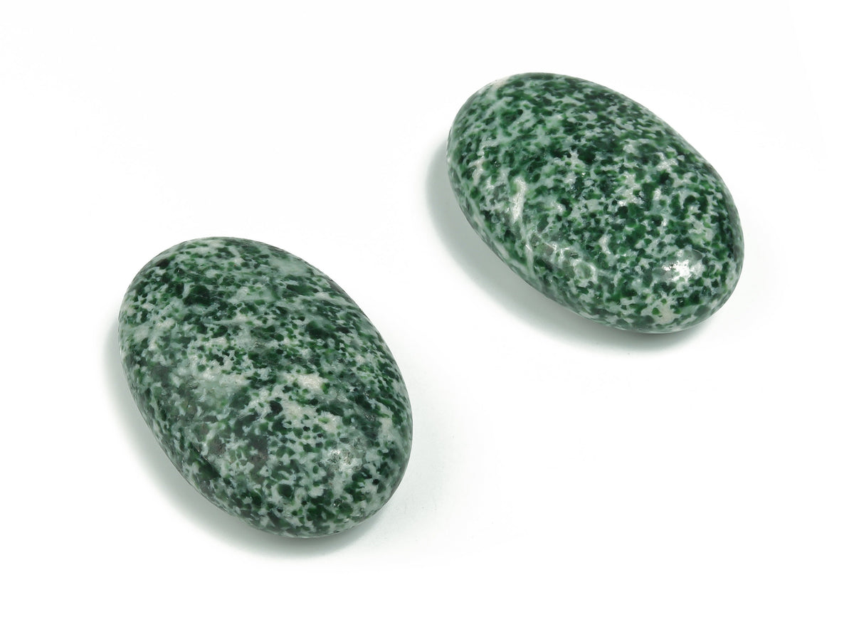 Green Dot Jade palm spa stone from GemstoneGO, Qinghai jade gemstone with green dot, 60x40mm, smooth and polished for massage or relaxation.