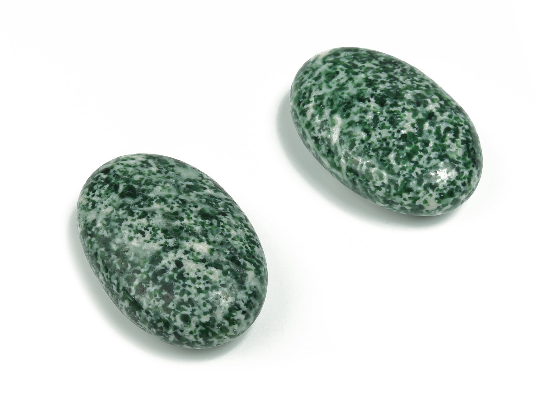 Green Dot Jade palm spa stone from GemstoneGO, Qinghai jade gemstone with green dot, 60x40mm, smooth and polished for massage or relaxation.