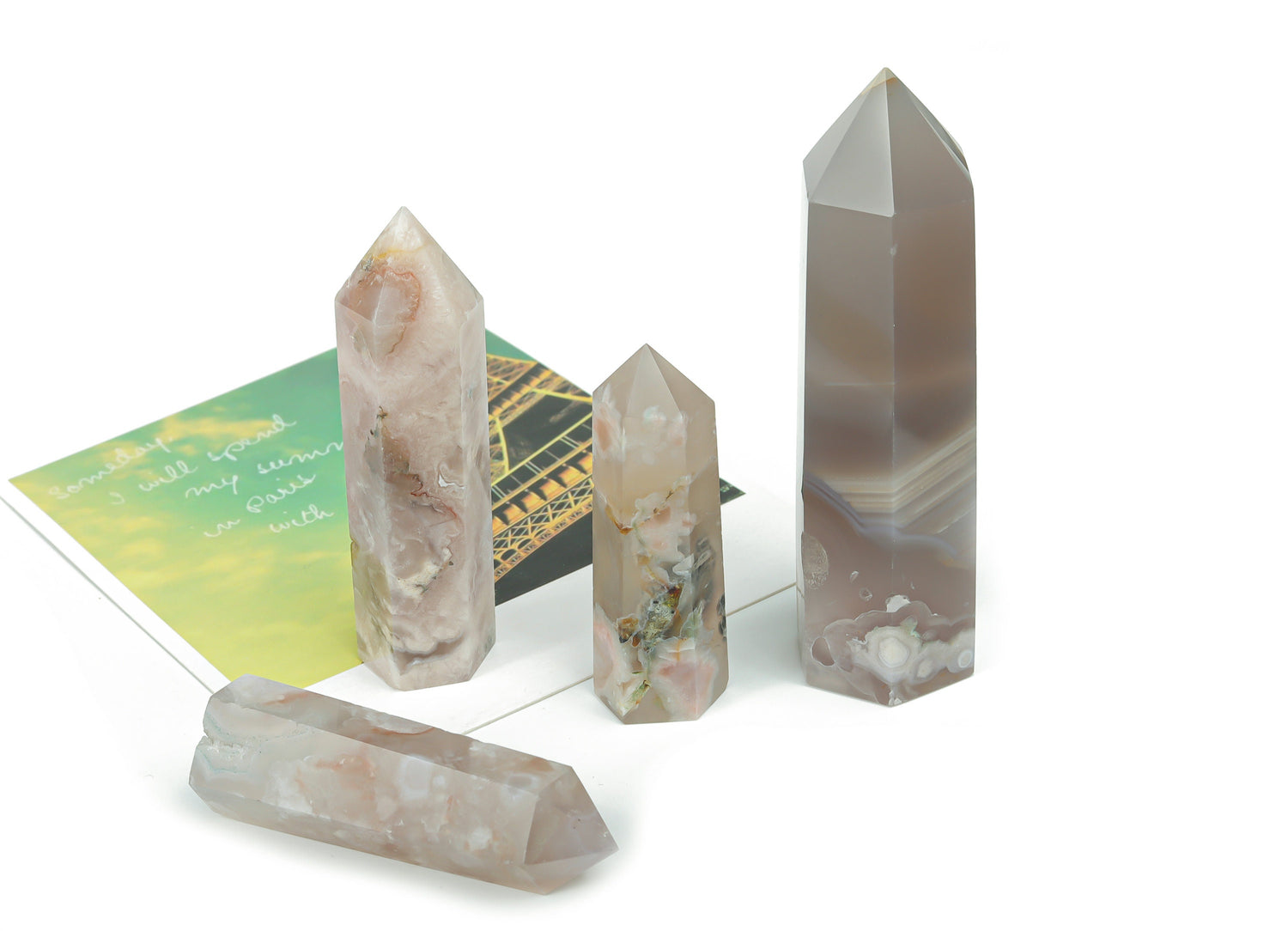 Flower Agate obelisk tower crystal with cherry blossom patterns from GemstoneGO, showcasing intricate natural gemstone details.