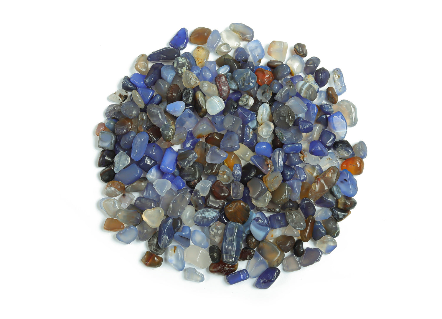 Blue Agate crystal chips, semi-tumbled 5-8mm gemstone stones from GemstoneGO, shown in a close-up image.