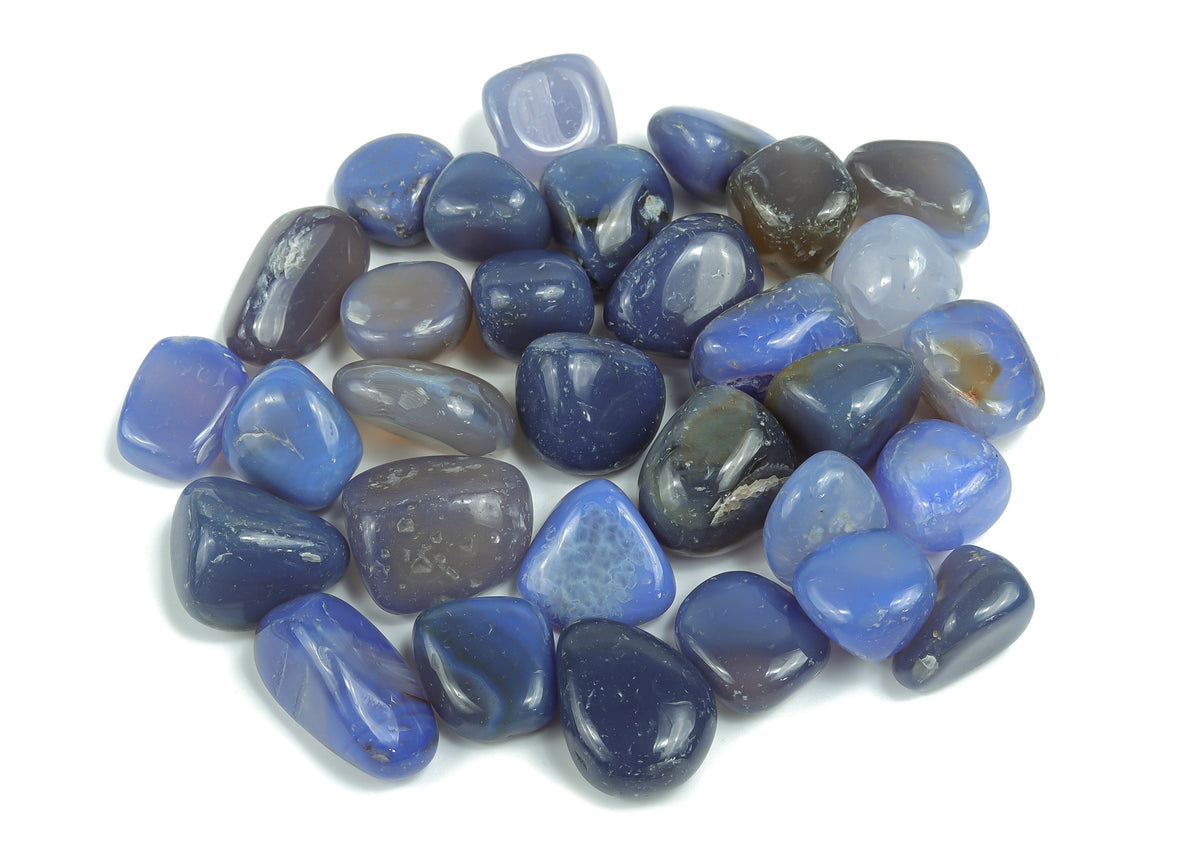 Blue Agate tumbled stone from GemstoneGO, showcasing smooth, polished blue agate with natural banding and vibrant color.