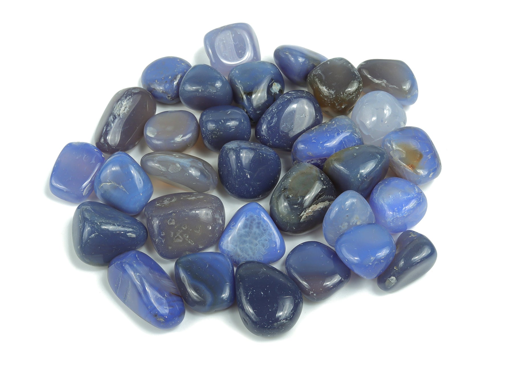 Blue Agate tumbled stone from GemstoneGO, showcasing smooth, polished blue agate with natural banding and vibrant color.