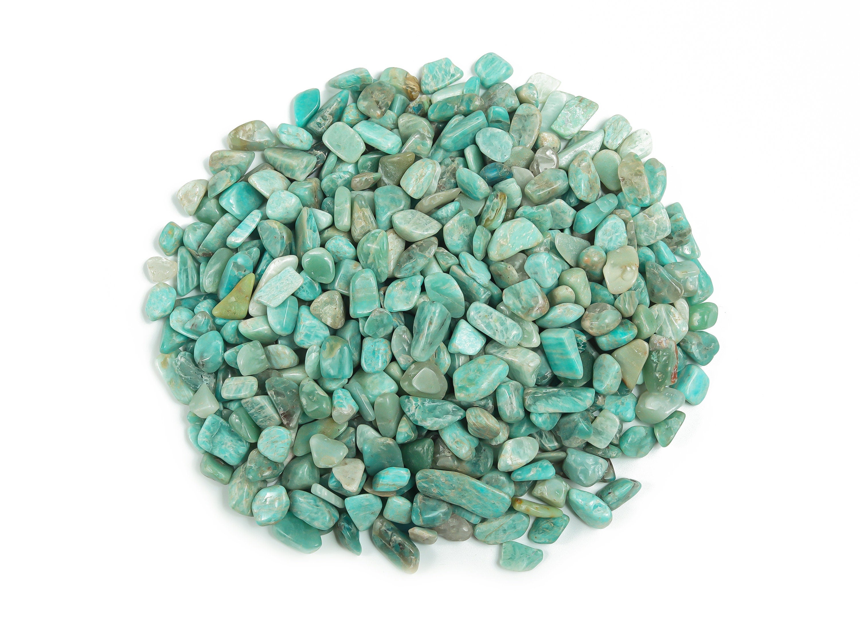 Amazonite crystal chips in 7-12mm semi-tumbled stones, natural gemstone from GemstoneGO, shown in bulk quantity.
