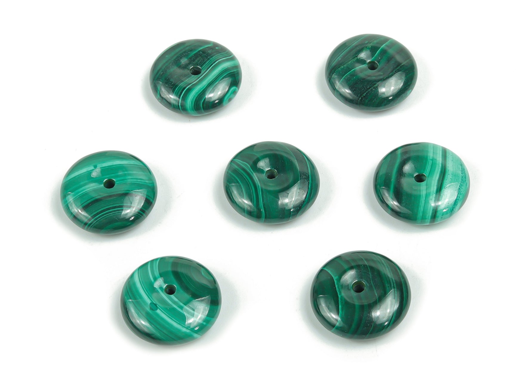 Malachite crystal donut pendant from GemstoneGO, 16mm Pi stone with vibrant green banded patterns on a smooth, polished surface.
