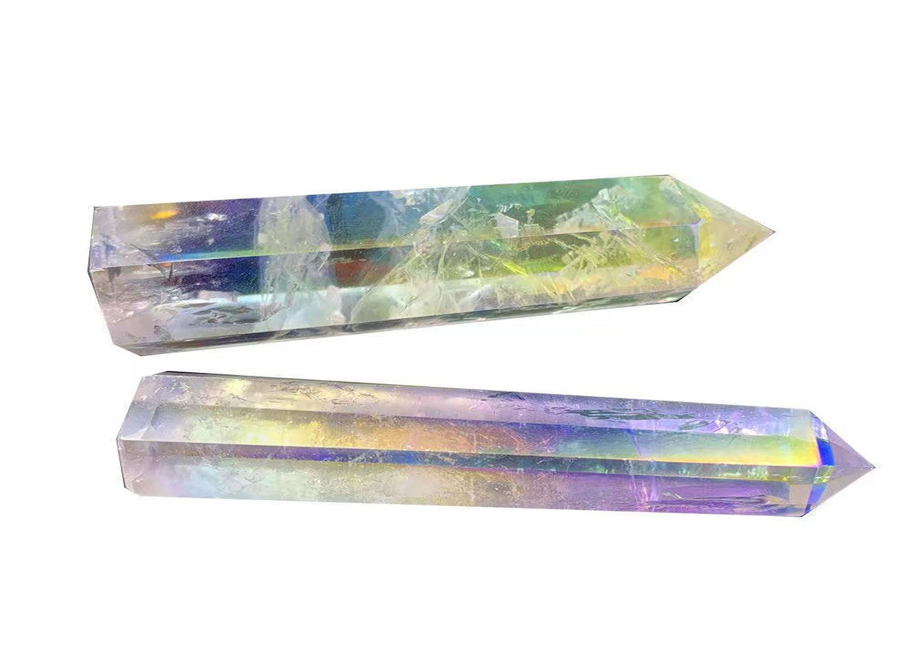 Angel Aura Quartz obelisk tower crystal from GemstoneGO showcasing a shimmering, iridescent gemstone with pointed tip and polished surface.