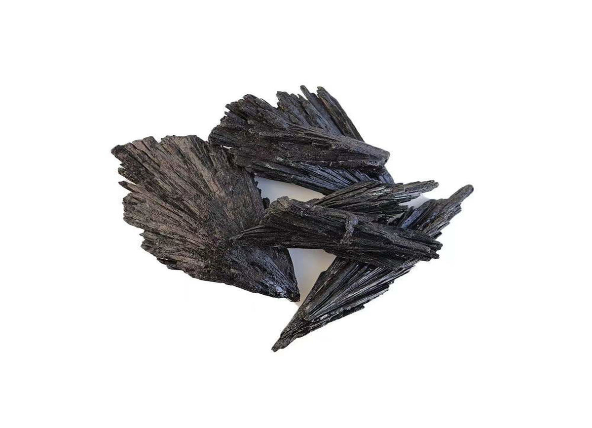 Raw black Kyanite fan gemstone from GemstoneGO, showcasing its natural, fan-shaped black stone with rough texture.