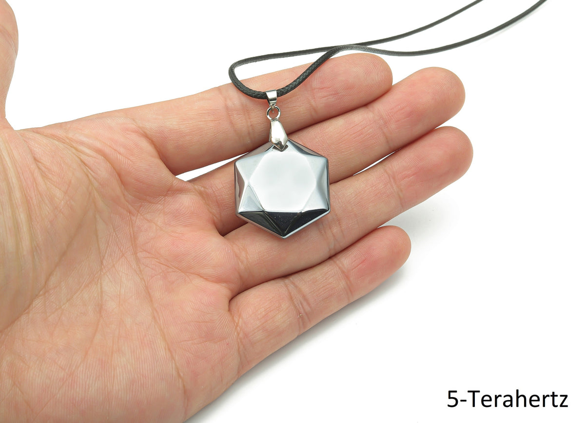 Terahertz crystal gemstone necklace with a cord, featuring a polished heling gemstone pendant on a black cord.