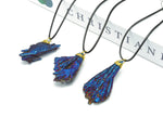 Blue Aura Kyanite fan crystal necklace on cord, showcasing vibrant blue gemstone pendant with shimmering aura finish.