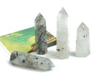 Tourmalinated Quartz obelisk crystal tower by GemstoneGO showcasing black tourmaline inclusions in clear quartz shape.