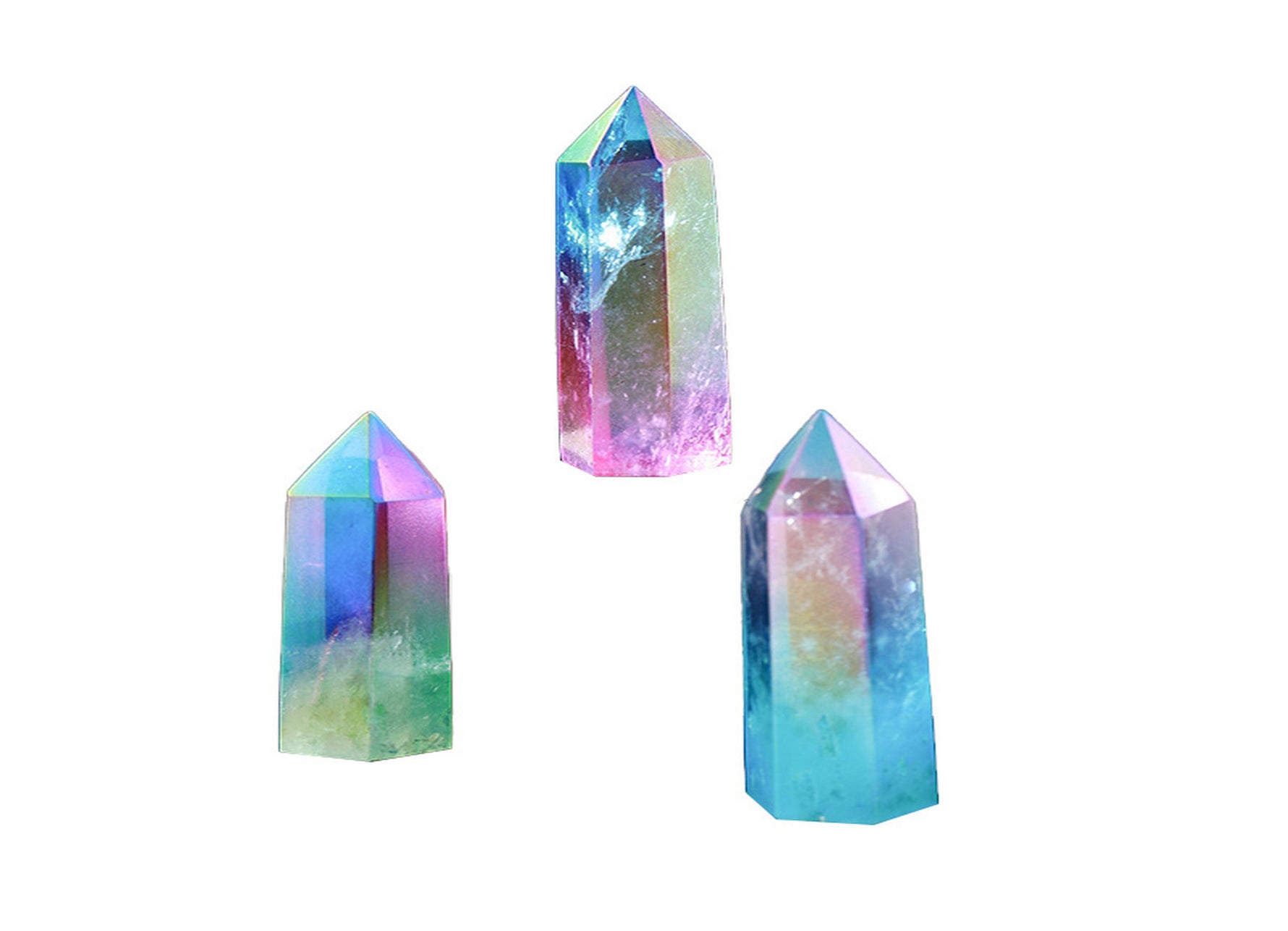 Rainbow Aura Quartz obelisk tower crystal by GemstoneGO, showcasing vibrant rainbow colors and a polished geometric shape.