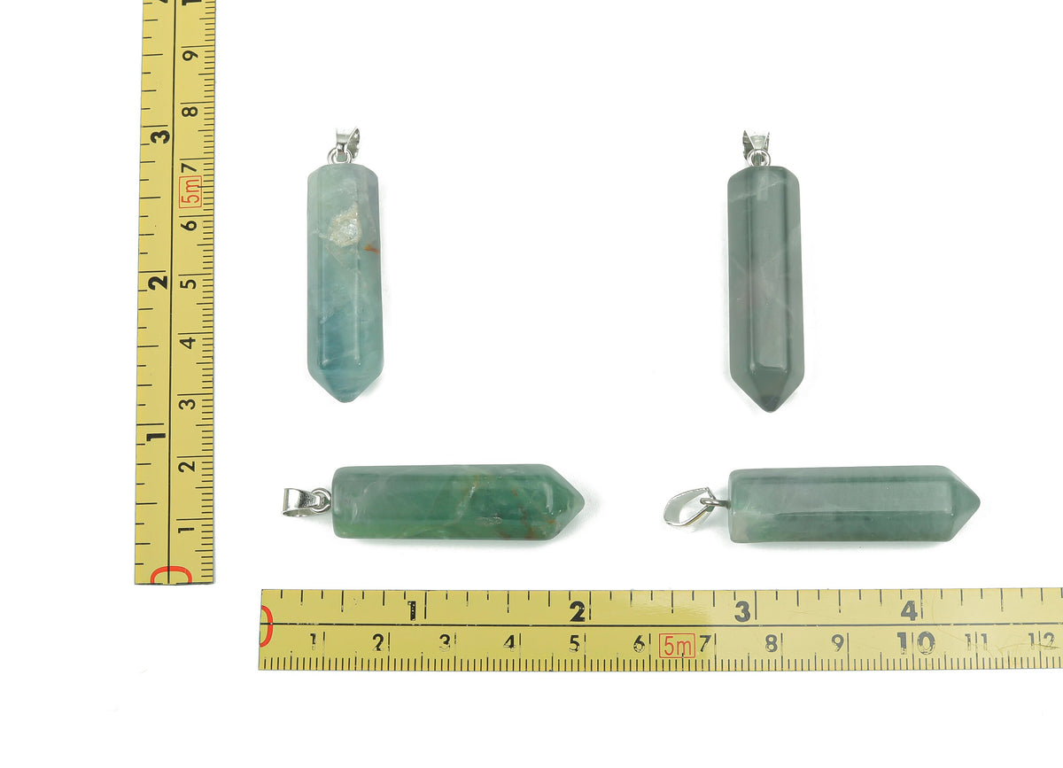 Green fluorite point crystal pendant from GemstoneGO, ideal for jewelry making, with polished facets and natural stone details.