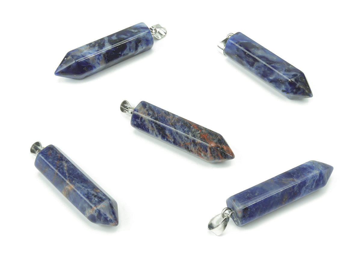Sodalite point crystal pendant from GemstoneGO, used in jewelry making, showcasing a vibrant blue mineral with natural veining.