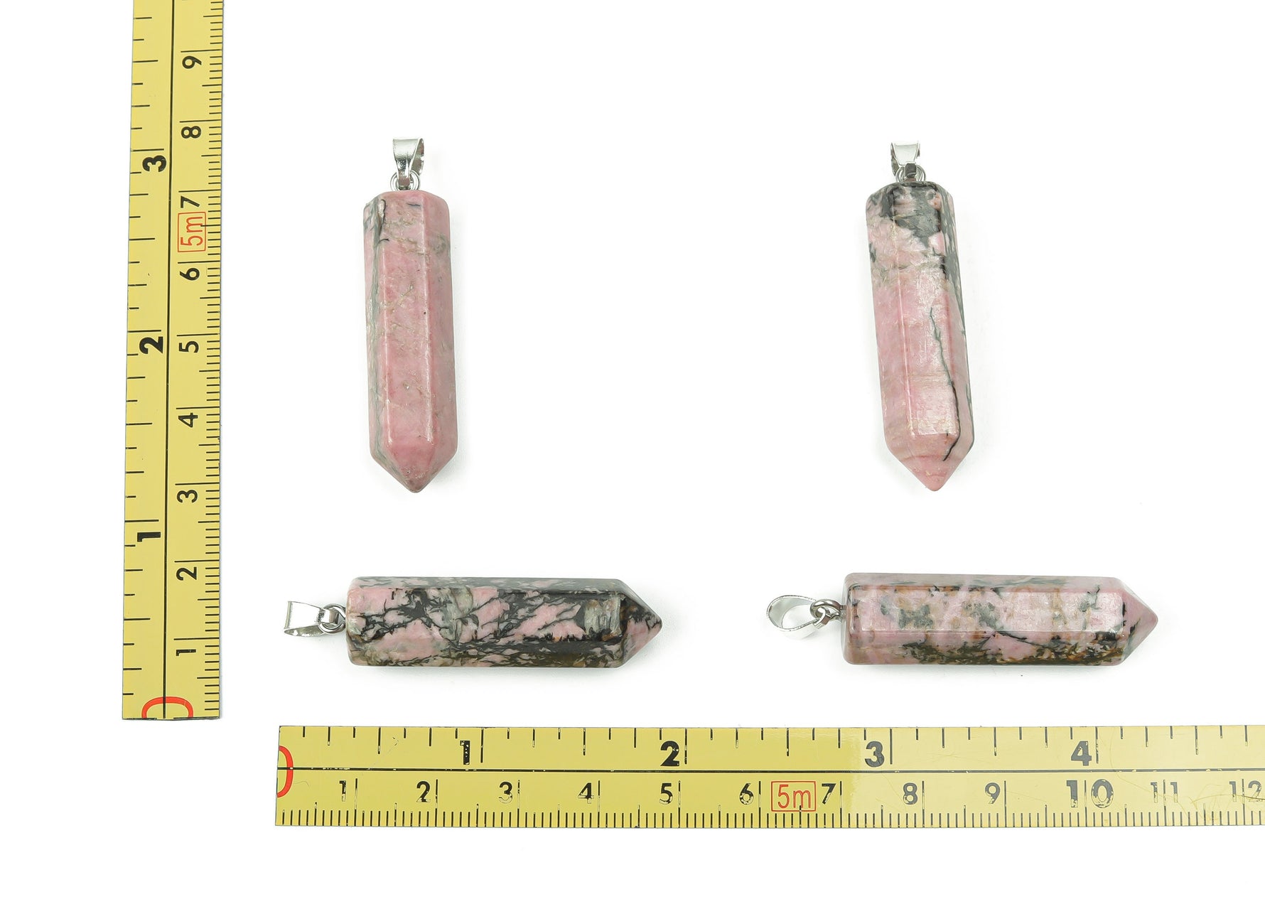 Rhodonite point crystal pendant from GemstoneGO, featuring a polished pink and black gemstone for jewelry making.