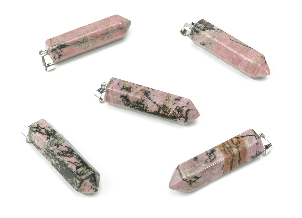 Rhodonite point crystal pendant from GemstoneGO, showcasing a polished pink and black stone for jewelry making supplies.