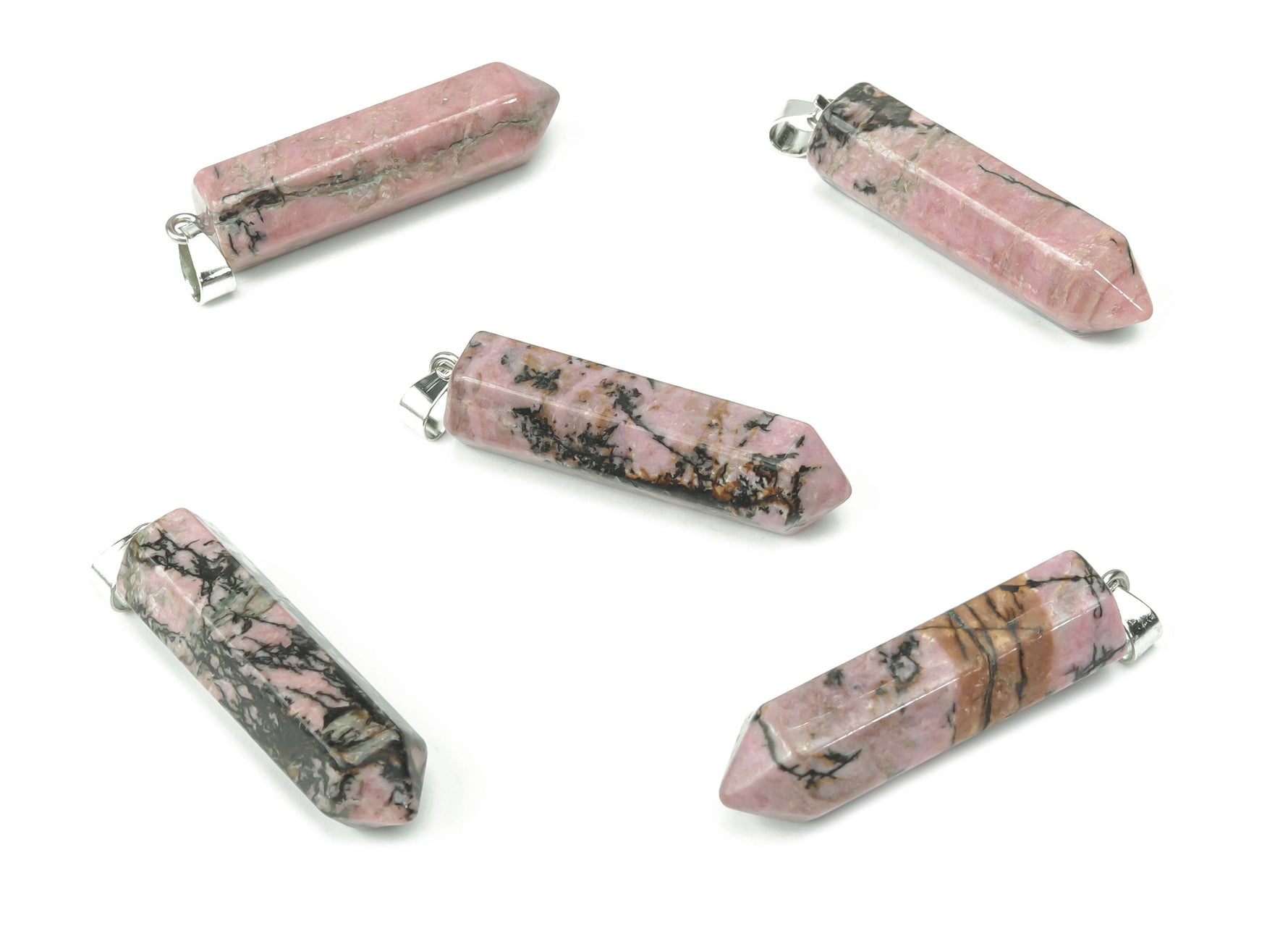 Rhodonite point crystal pendant from GemstoneGO, showcasing a polished pink and black stone for jewelry making supplies.