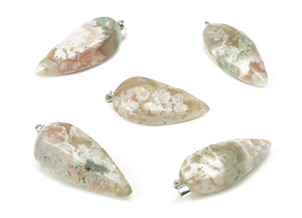Flower Agate tooth crystal pendant with cherry blossom design, gemstone jewelry making supply from GemstoneGO.