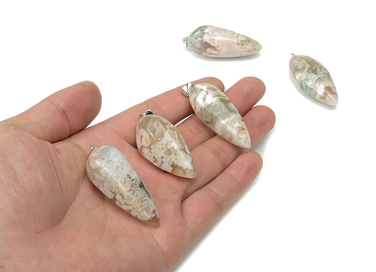 Flower Agate Tooth Crystal Pendant with cherry blossom design, natural gemstone jewelry making supply from GemstoneGO.