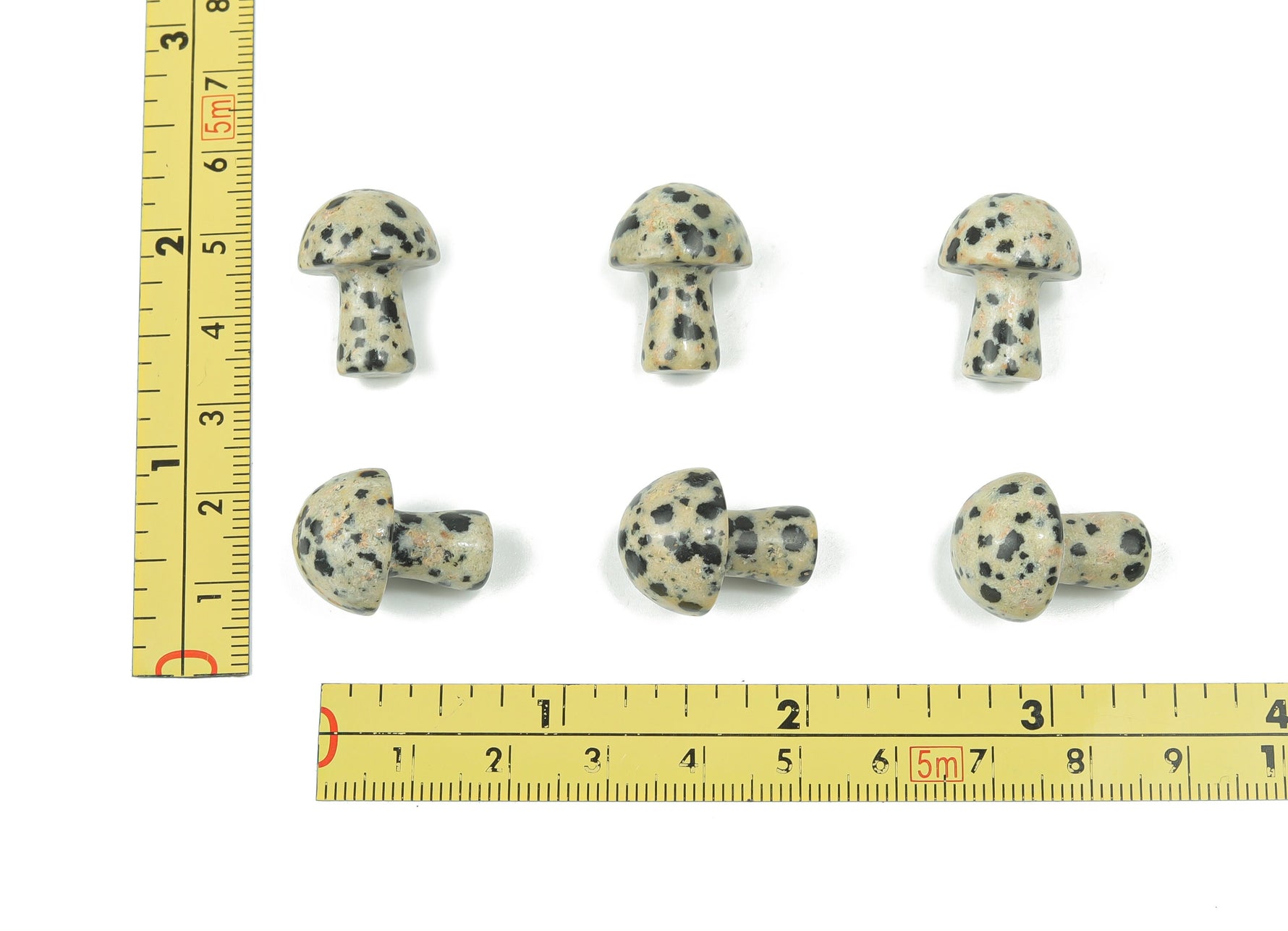 Dalmatian Jasper mushroom carved gemstone, 20mm, showcasing black spots on cream stone, crafted by GemstoneGO.