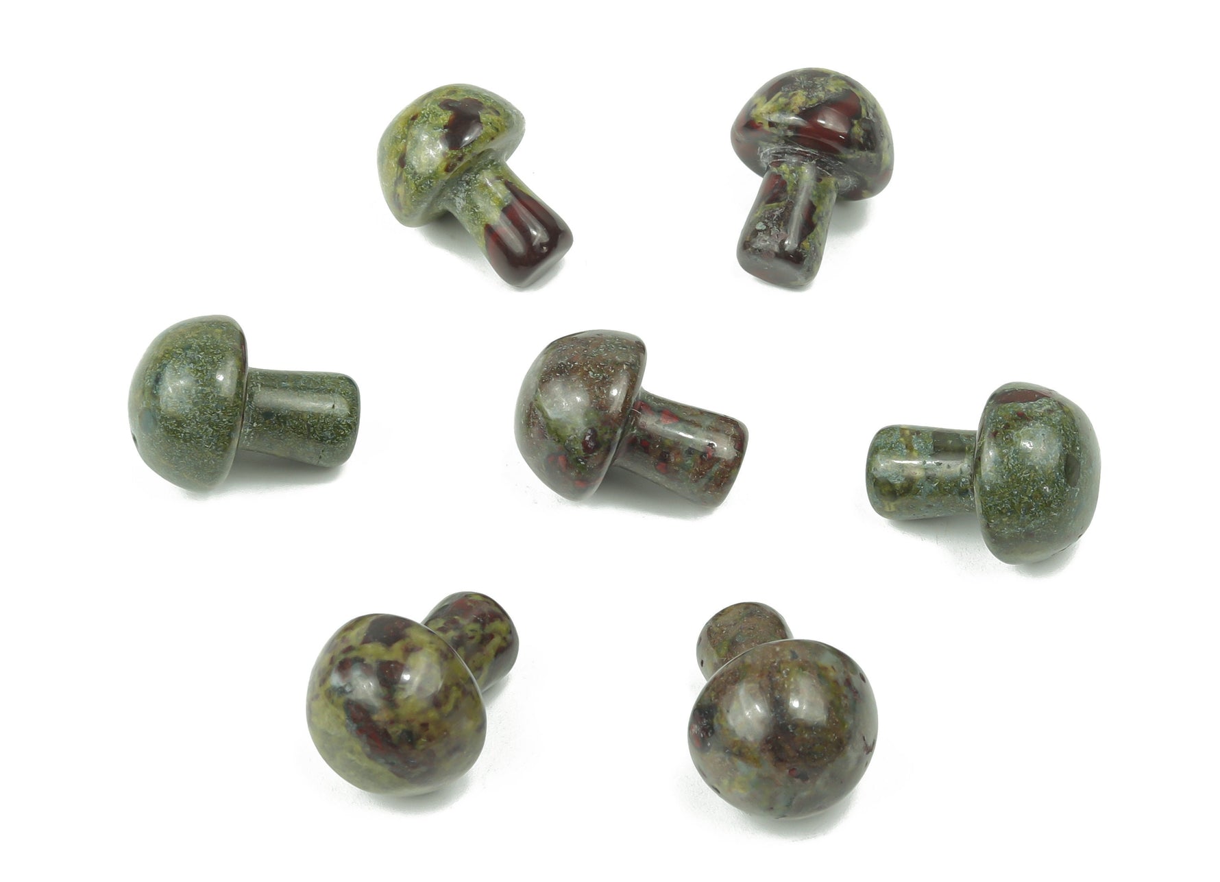 20mm Dragon Blood Jasper mushroom carved gemstone from GemstoneGO, showcasing detailed mushroom shape and rich red-brown color.
