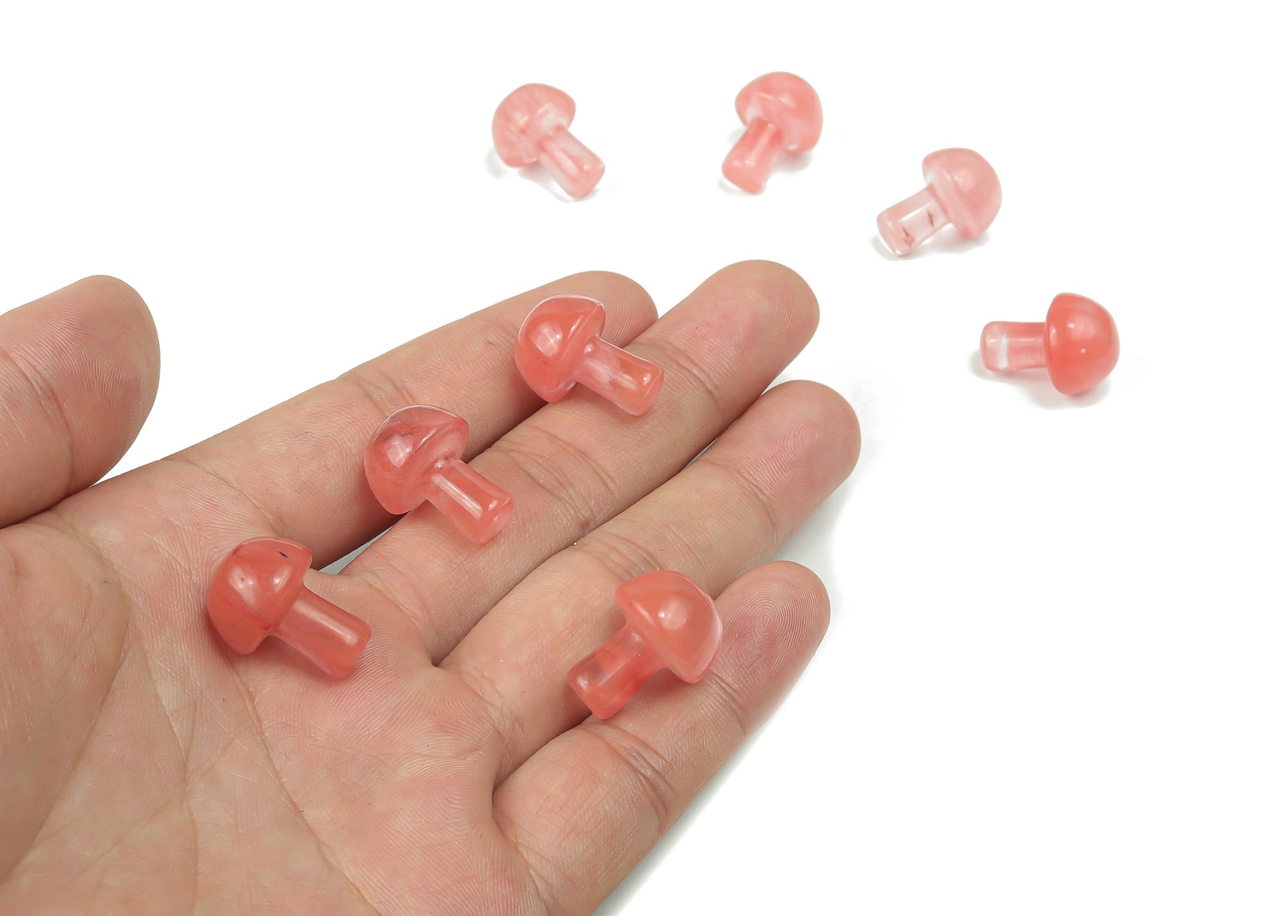 Cherry Quartz Mushroom carved gemstone, 20mm, showcasing a detailed mushroom shape with vibrant red and clear quartz colors.