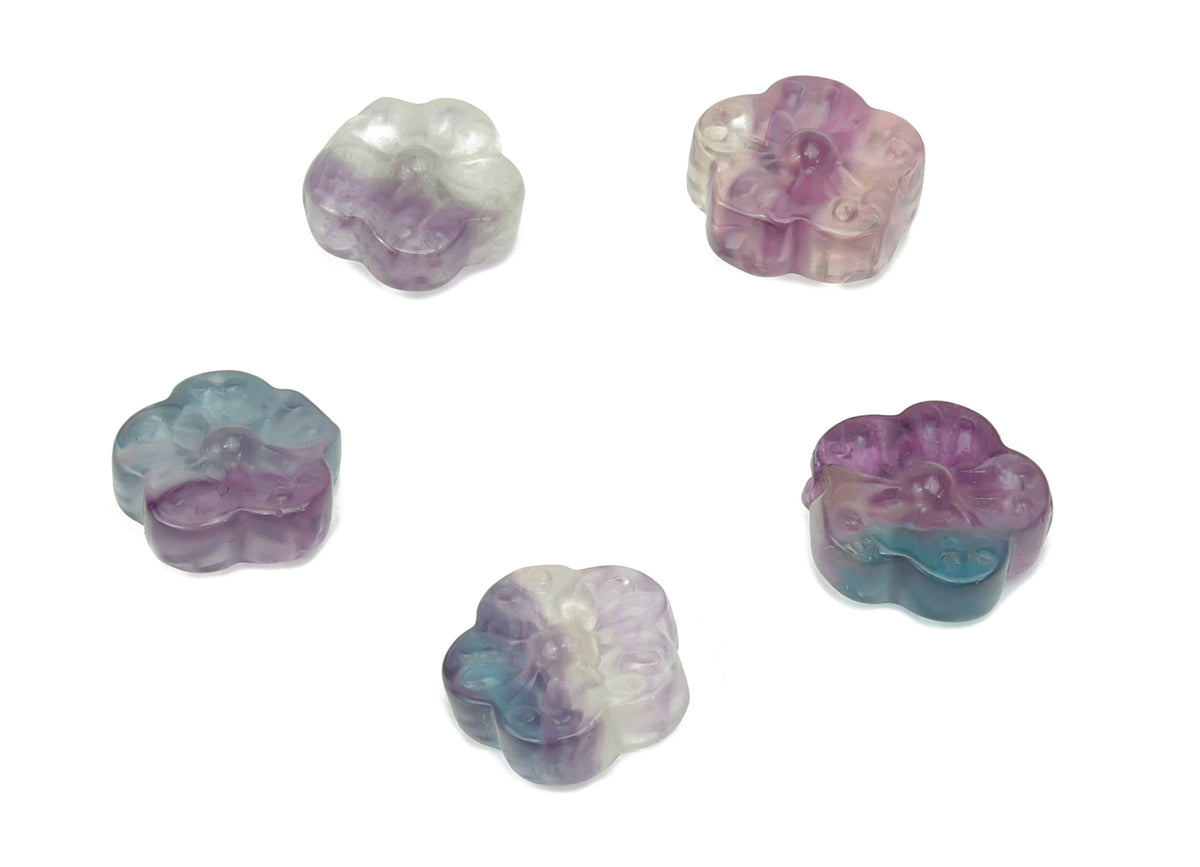 Mini fluorite flower carving gemstone by GemstoneGO, showcasing vibrant purple and green hues with intricate floral details.