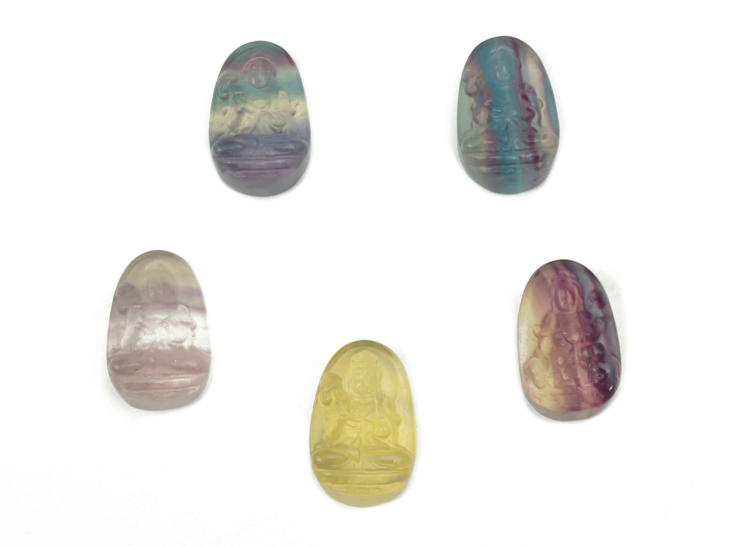 Mini Fluorite Buddha carving gemstone from GemstoneGO, showing detailed purple and green mineral hues and intricate Buddha figure design.