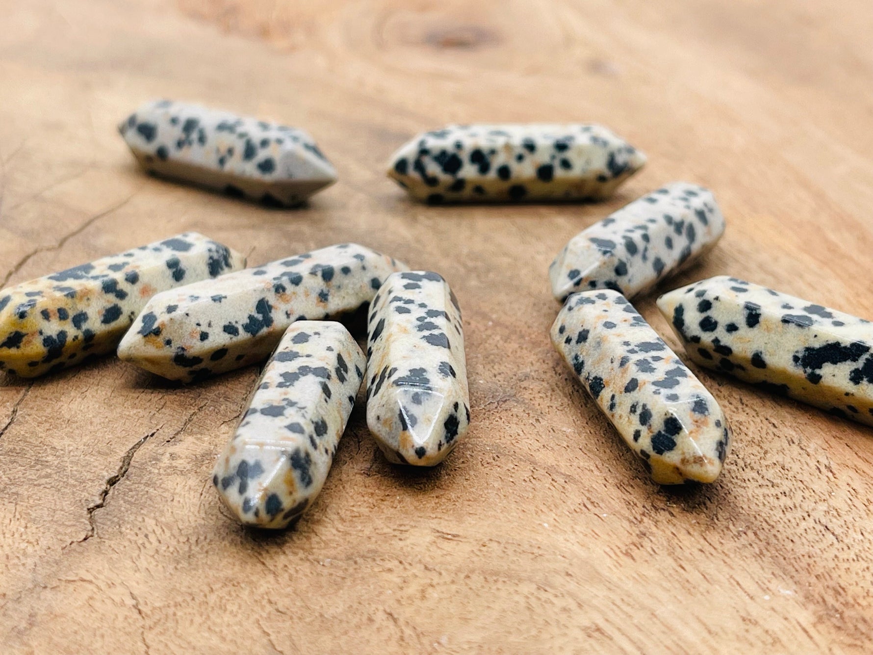 Dalmatian Jasper terminated carved crystal point, 33mm, from GemstoneGO, featuring black spots on a beige stone with a polished finish.