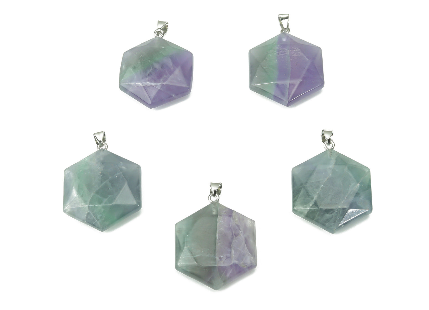 Fluorite star Merkaba crystal pendant from GemstoneGO, featuring vibrant green and purple hues, ideal for jewelry making.