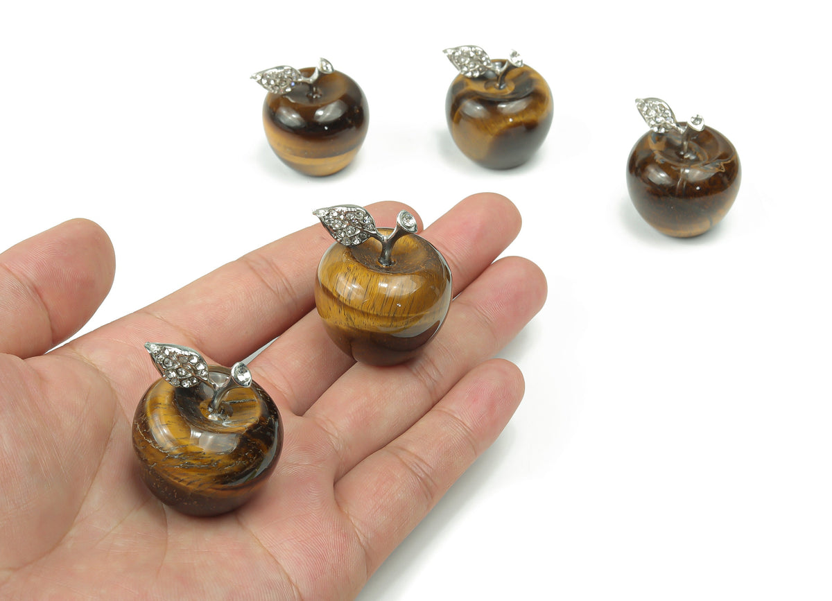 Tiger Eye Apple crystal carving, 30mm gemstone sculpture by GemstoneGO, featuring detailed tiger eye stone with natural amber-brown hues.