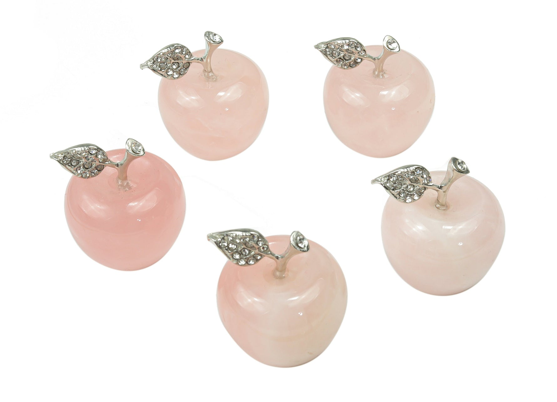 Rose quartz apple-shaped crystal carving from GemstoneGO, 30mm, showcasing smooth pink gemstone craftsmanship.