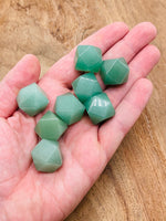 20mm Aventurine polyhedron carved gemstone from GemstoneGO, showcasing vibrant green mineral with faceted geometric shape.