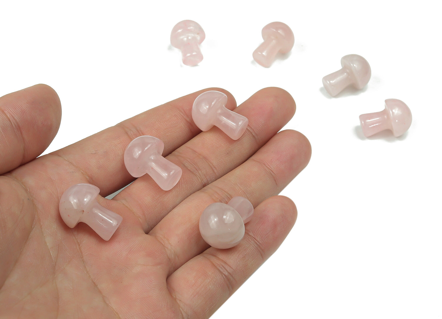 Rose quartz mushroom carved gemstone, 20mm size, featuring detailed mushroom shape and soft pink color from GemstoneGO.