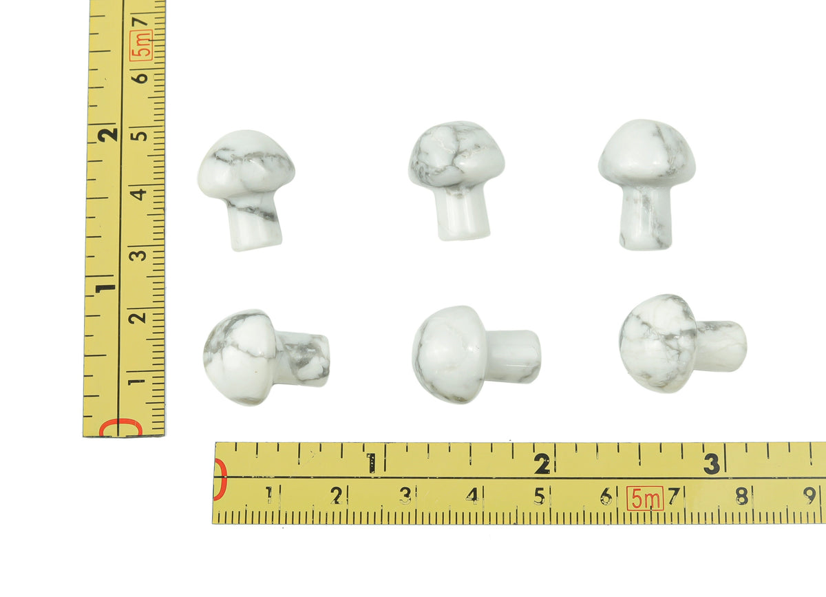20mm Howlite mushroom carved gemstone from GemstoneGO, showcasing smooth white stone with gray veining and mushroom shape.