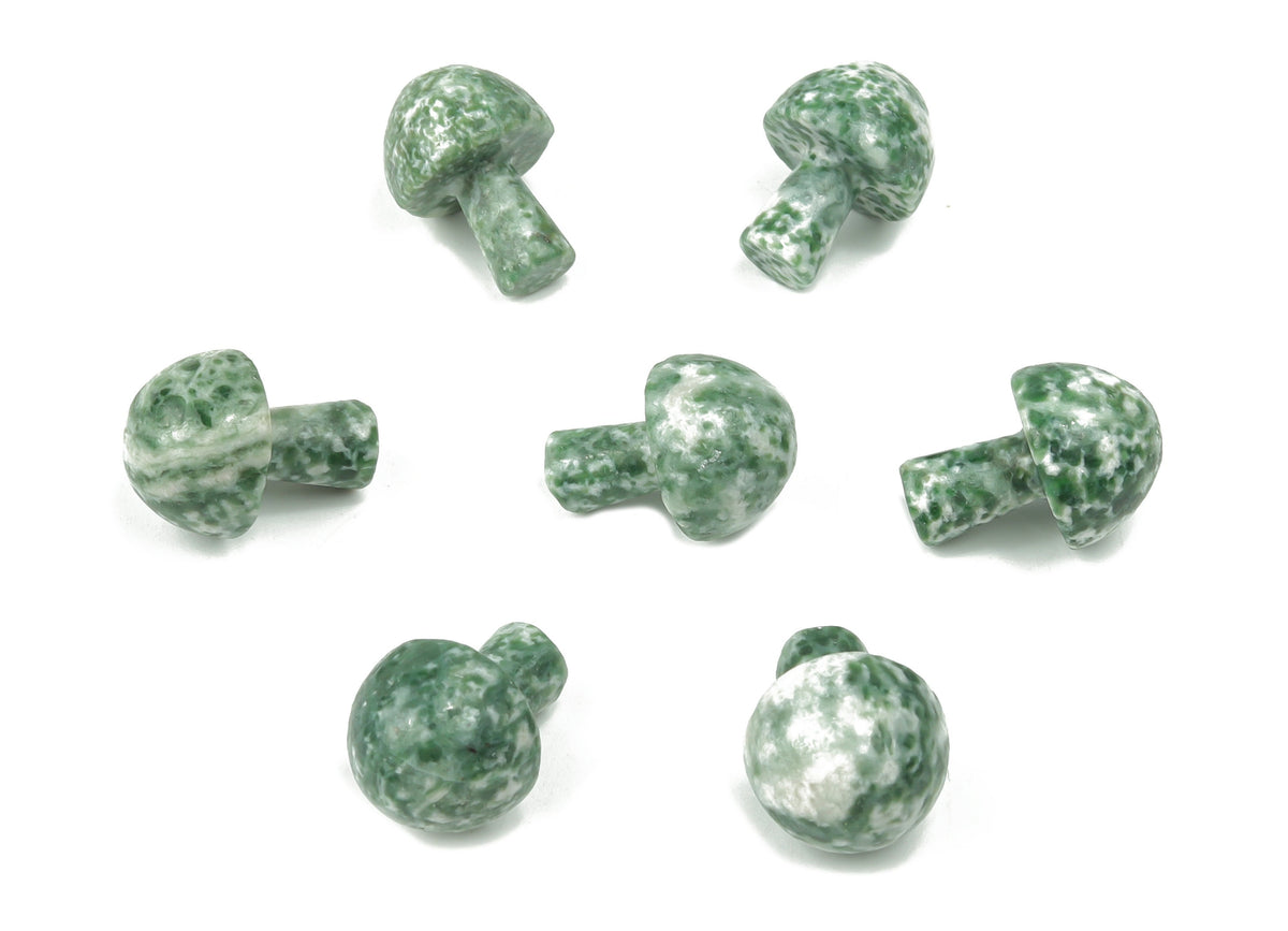 Green Dot Jade mushroom carved gemstone from Qinghai Jade, 20mm, featuring detailed mushroom design by GemstoneGO