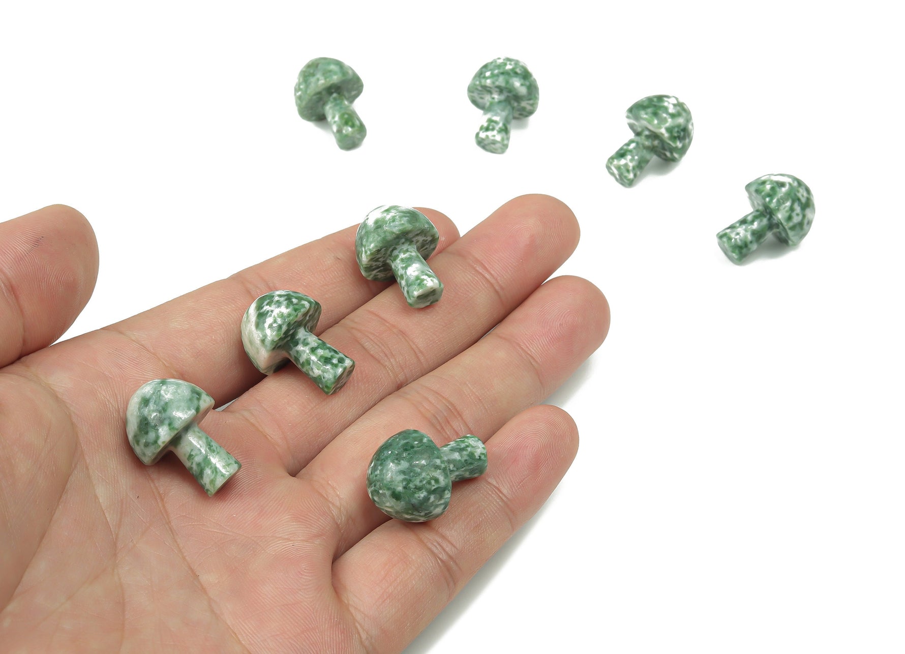 Green dot jade mushroom carved gemstone from Qinghai, 20mm, featuring detailed mushroom design by GemstoneGO.
