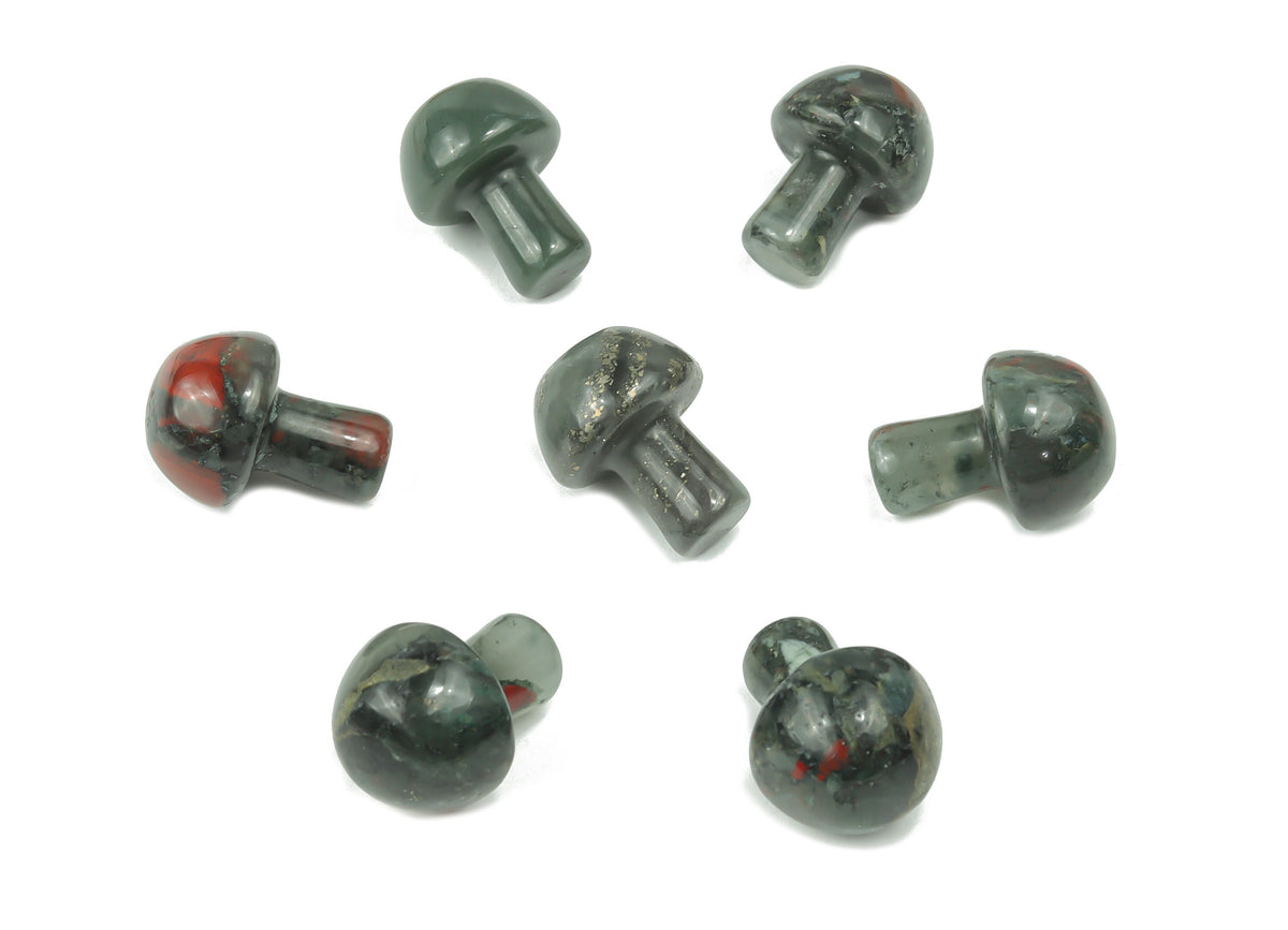 20mm African Bloodstone mushroom carved gemstone from GemstoneGO, featuring detailed mushroom shape and rich green and red hues
