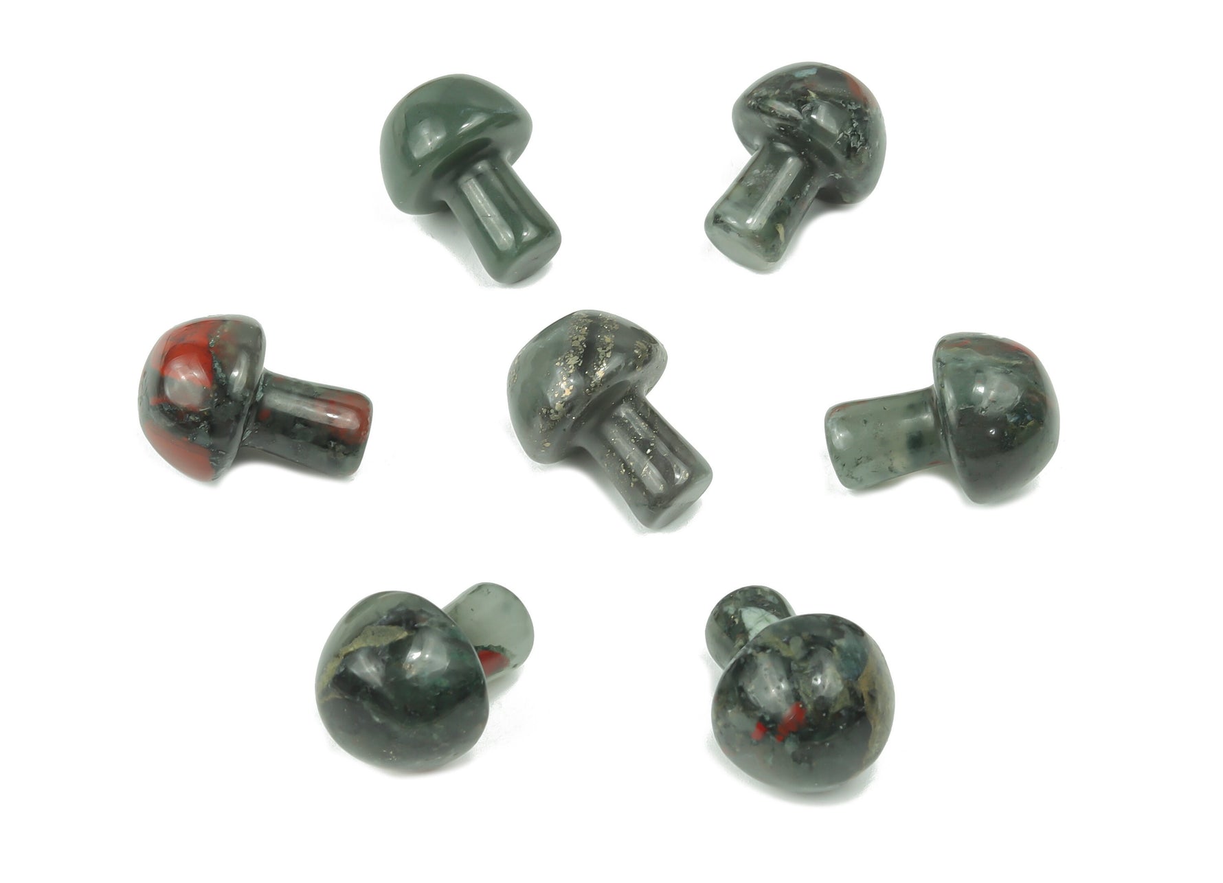 20mm African Bloodstone mushroom carved gemstone from GemstoneGO, featuring detailed mushroom shape and rich green and red hues