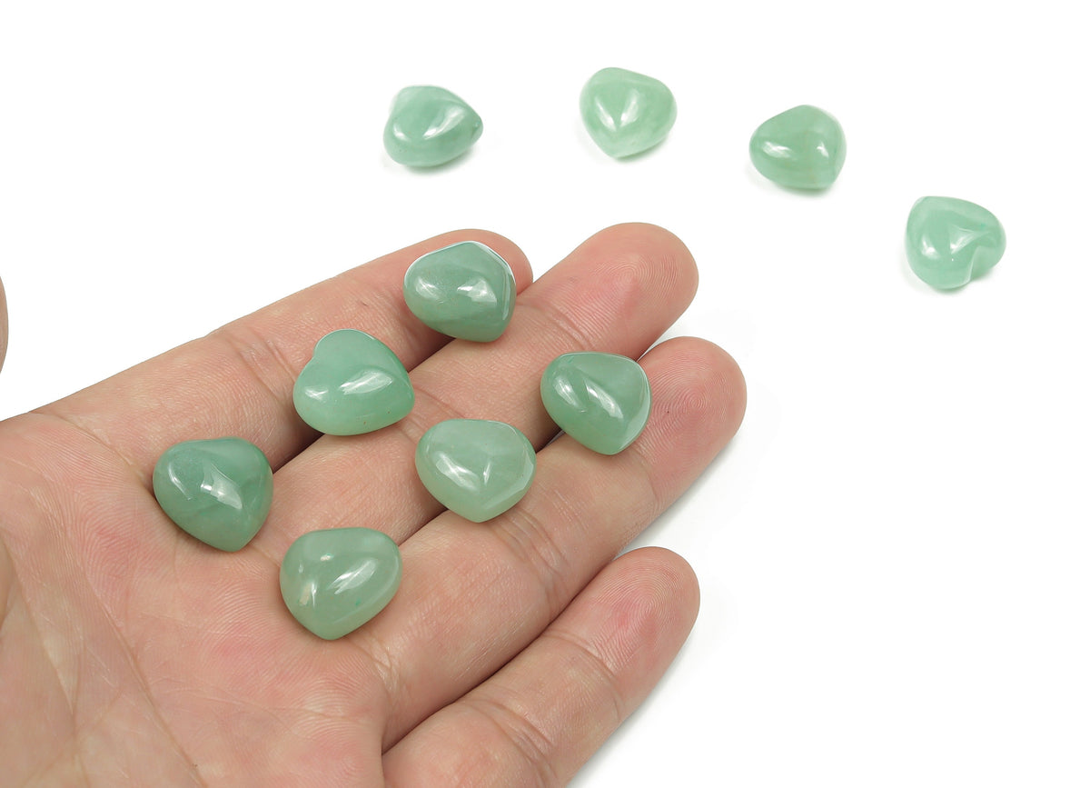 Puffy heart-shaped aventurine gemstone 15x15x9mm with vibrant green color, smooth polished surface, and natural stone details.