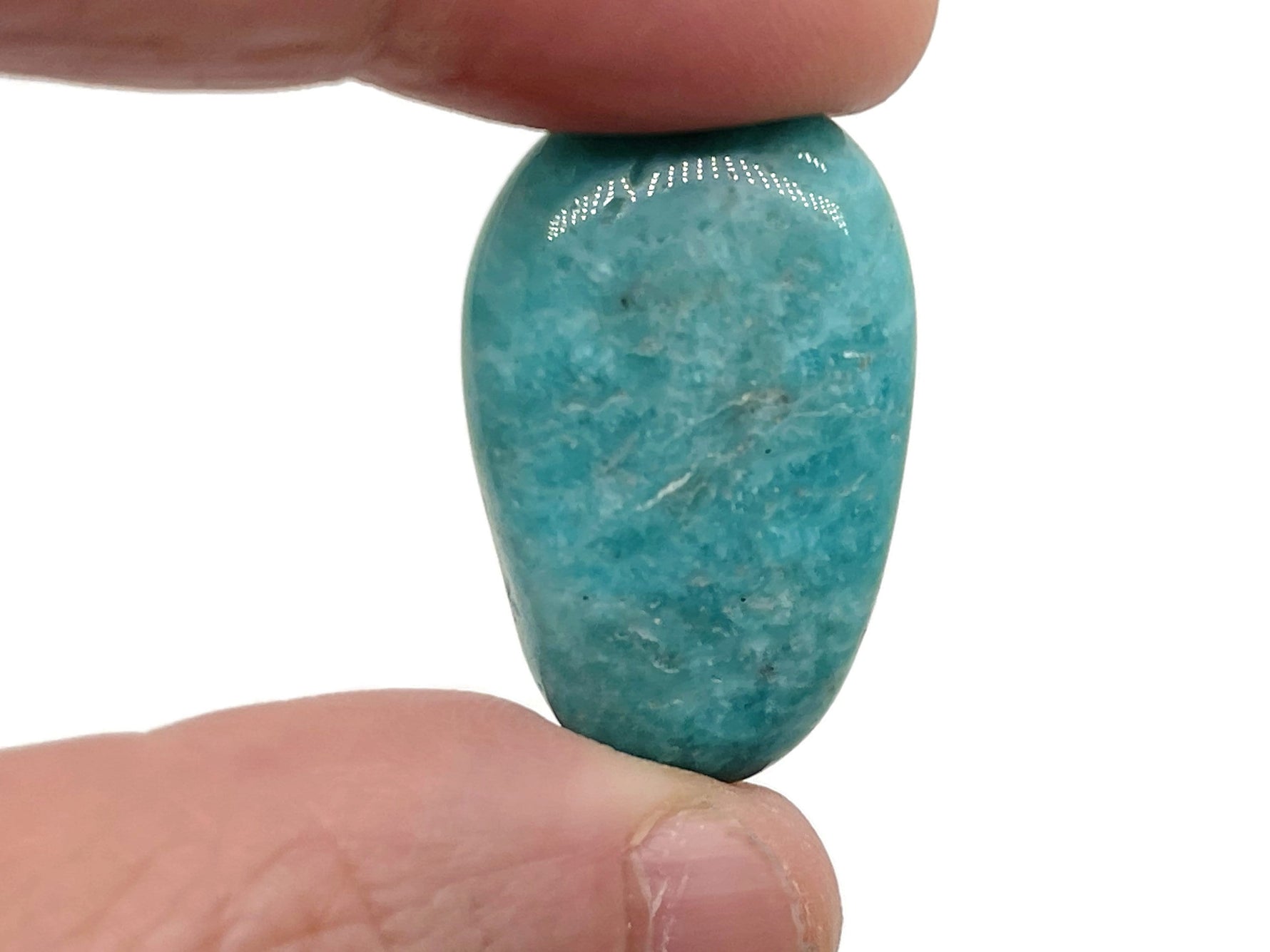 Polished Amazonite tumbled stone from GemstoneGO showcasing smooth, vibrant blue-green mineral surface.