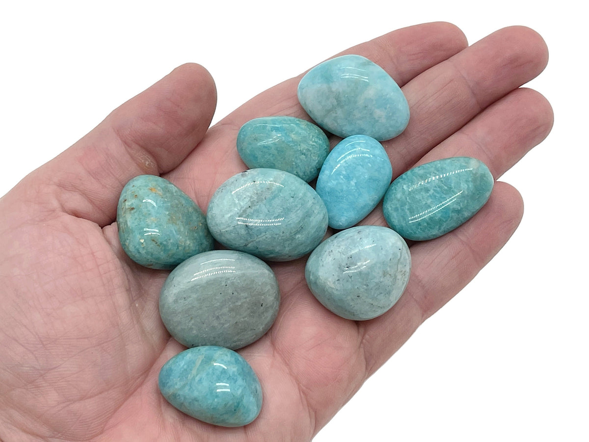 Smooth Amazonite tumbled stone from GemstoneGO, showcasing its blue-green color and polished surface.