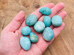 Polished Amazonite tumbled stone from GemstoneGO, smooth blue-green mineral with natural patterns and a glossy finish.