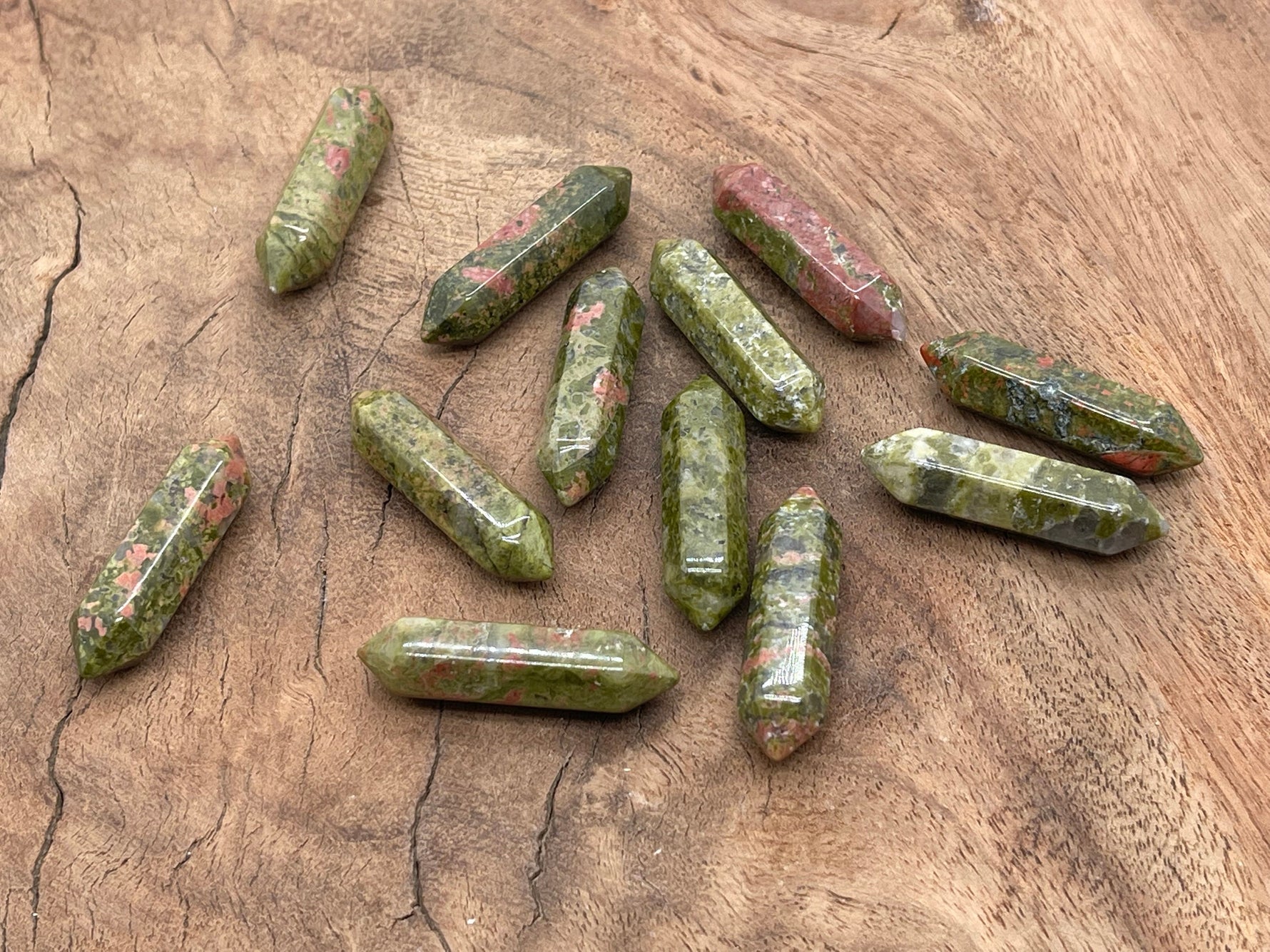 Unakite gemstone carved point pendant, 33mm, with natural green and pink hues, from GemstoneGO.