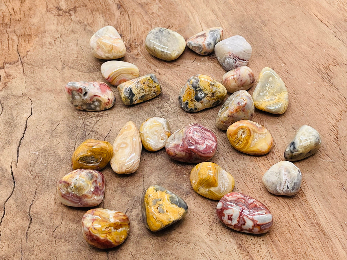 Tumbled Crazy Lace Agate stone from Mexico, showcasing vibrant patterns and colors, used for jewelry or decorative purposes.