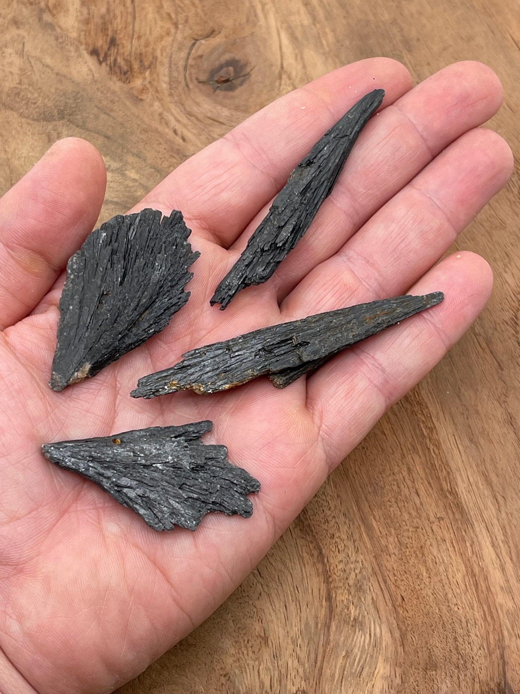 Raw black kyanite fan gemstone from GemstoneGO, showcasing layered, natural stone with a fan shape and deep black color.