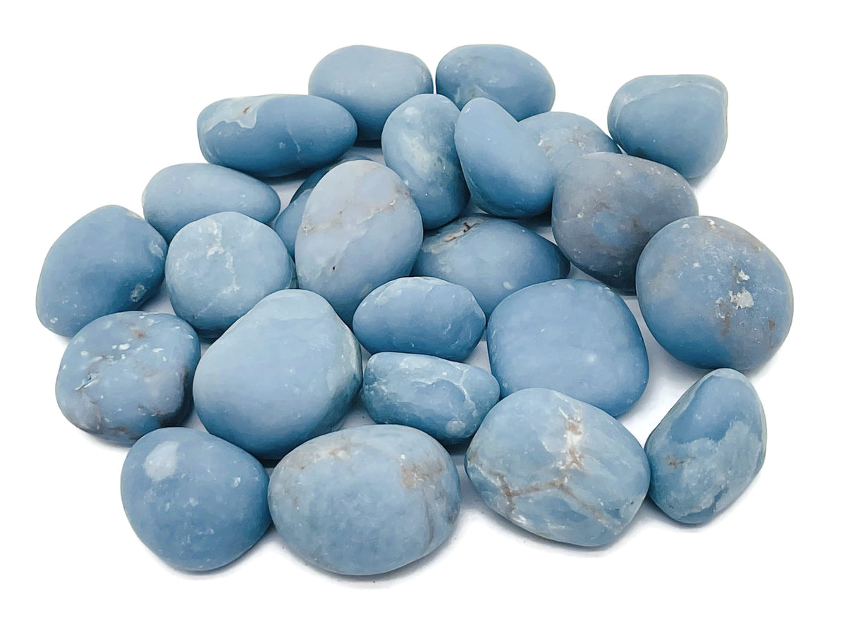 Angelite tumbled stone from GemstoneGO, smooth blue-gray mineral with a polished surface, ideal for healing and meditation.